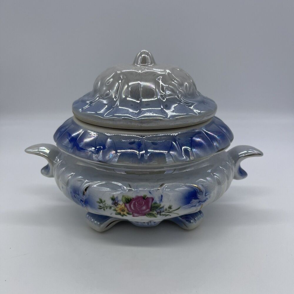 Vintage Lusterware Ceramic Bowl w/ Lid Blue & White